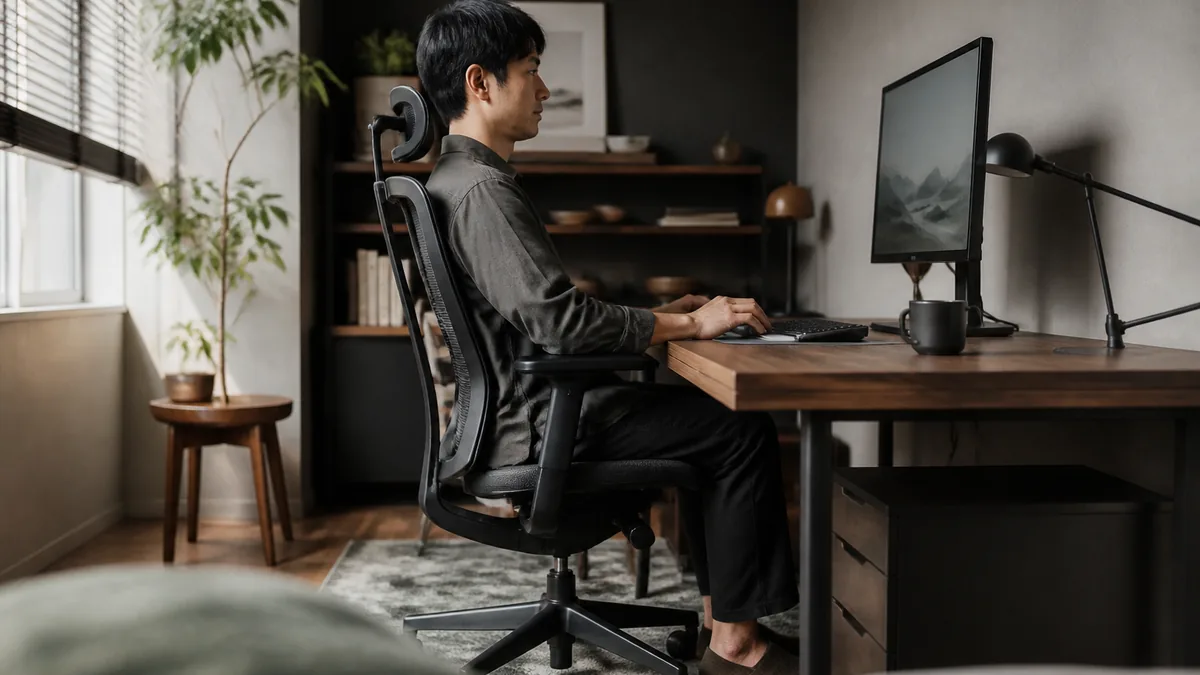 自宅の仕事机でデスクチェアの座り心地を確かめる人
