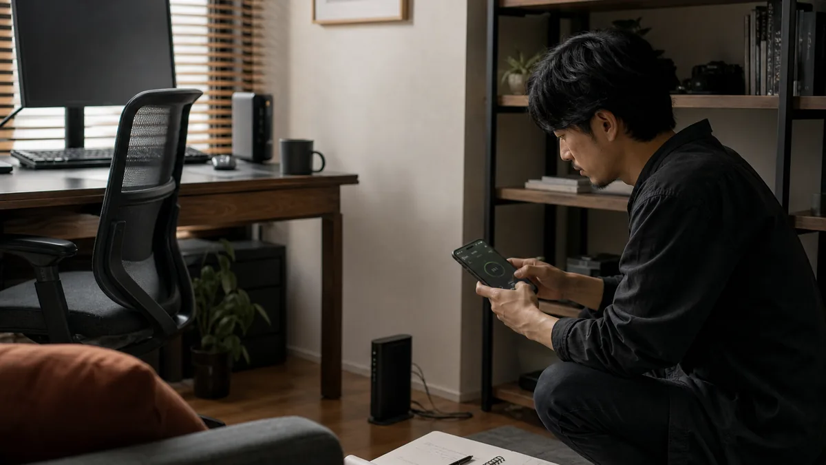 仕事場のWi-Fi環境を改善する手順について、実際の仕事場で使い方を確かめる人